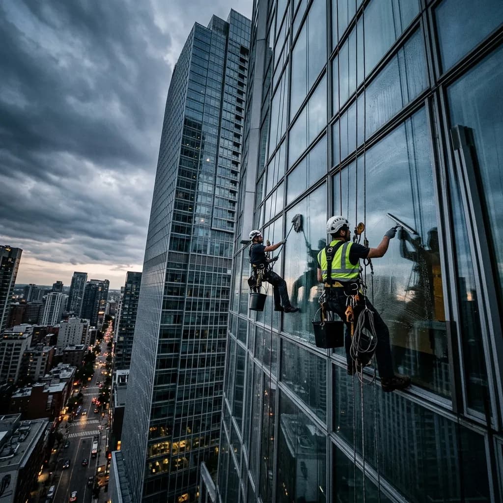 Traditional scaffolding window cleaning — dangerous and costly