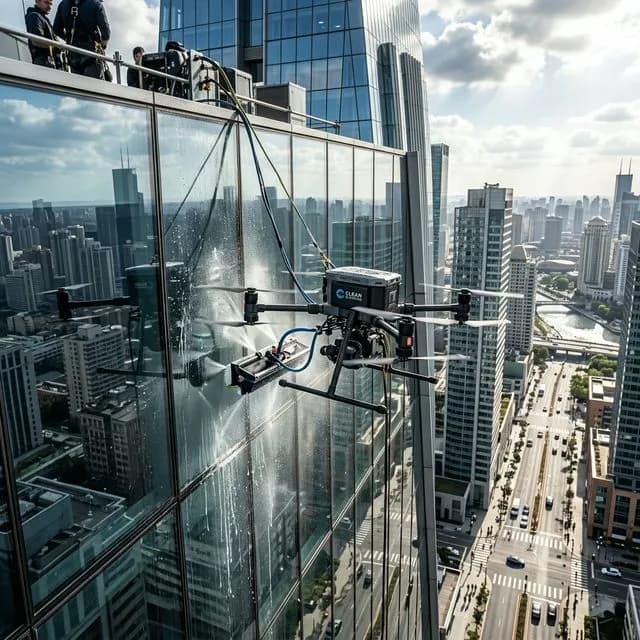 Drone exterior cleaning high-rise commercial building Los Angeles — Drones City