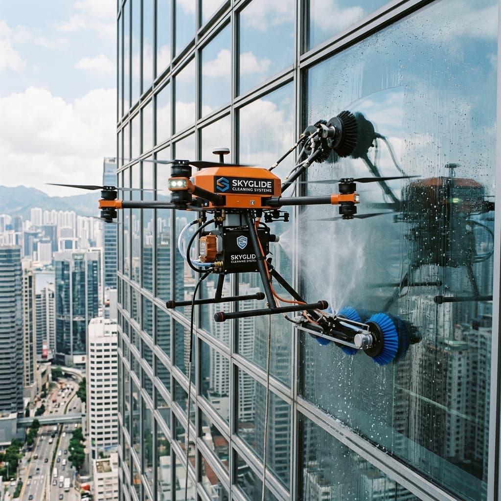Drone facade cleaning commercial property exterior — Drones City
